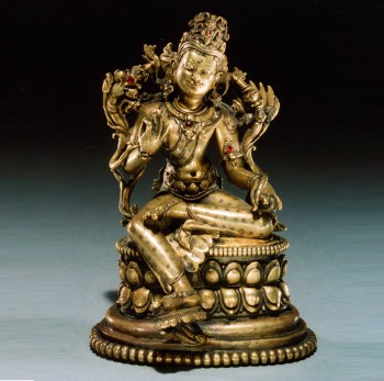 Bodhisattva Maitreya; Bihar or Bengal, India; 12th century; gilt copper alloy with inlays of silver, copper and glass; Rubin Museum of Art; C2005.16.6 (HAR 65428)