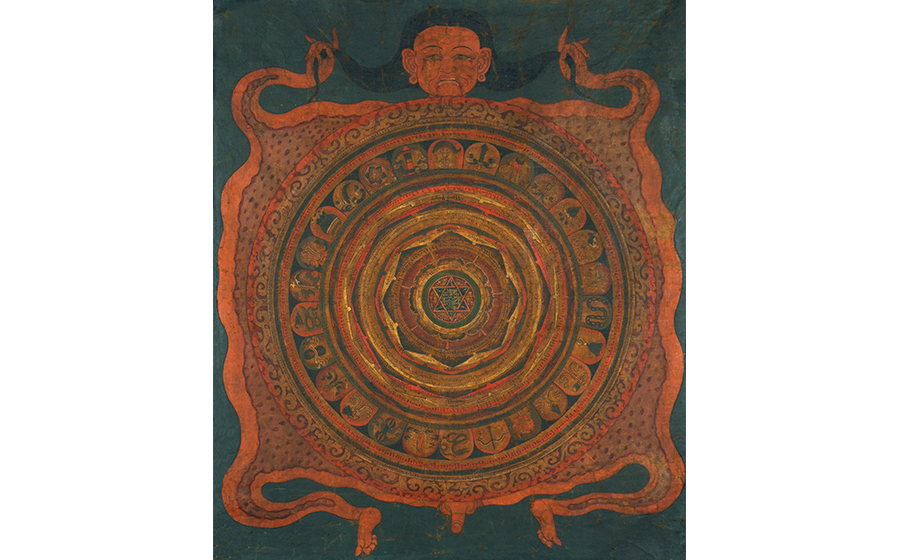 Canopy of a Mahakala Yantra; Tibet; 18th–19th century; pigments on cloth; 24⅜ x 20⅛ in. (61.9 x 51.1 cm); Rubin Museum of Art; gift of Shelley and Donald Rubin; C2006.66.509 (HAR 977)