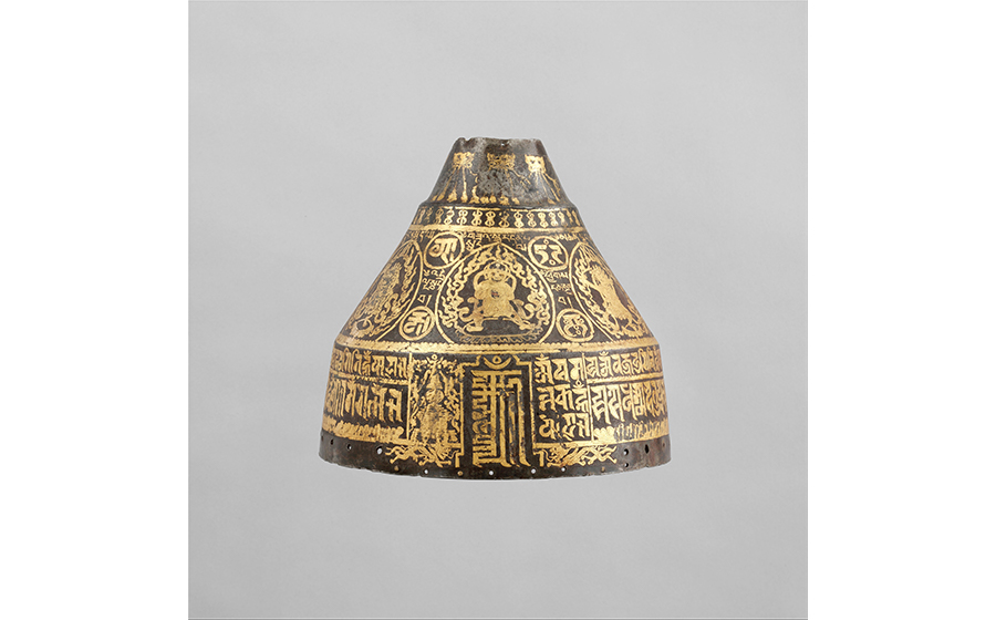 Helmet (rmog) with Wrathful Deities and Mantras of Power; Mongolia; 15th–17th century; iron, gold, silver, copper; height: 7 5/8 in. (19.5 cm); The Metropolitan Museum of Art; purchase, gift of William H. Riggs, by exchange, 1999; 1999.120